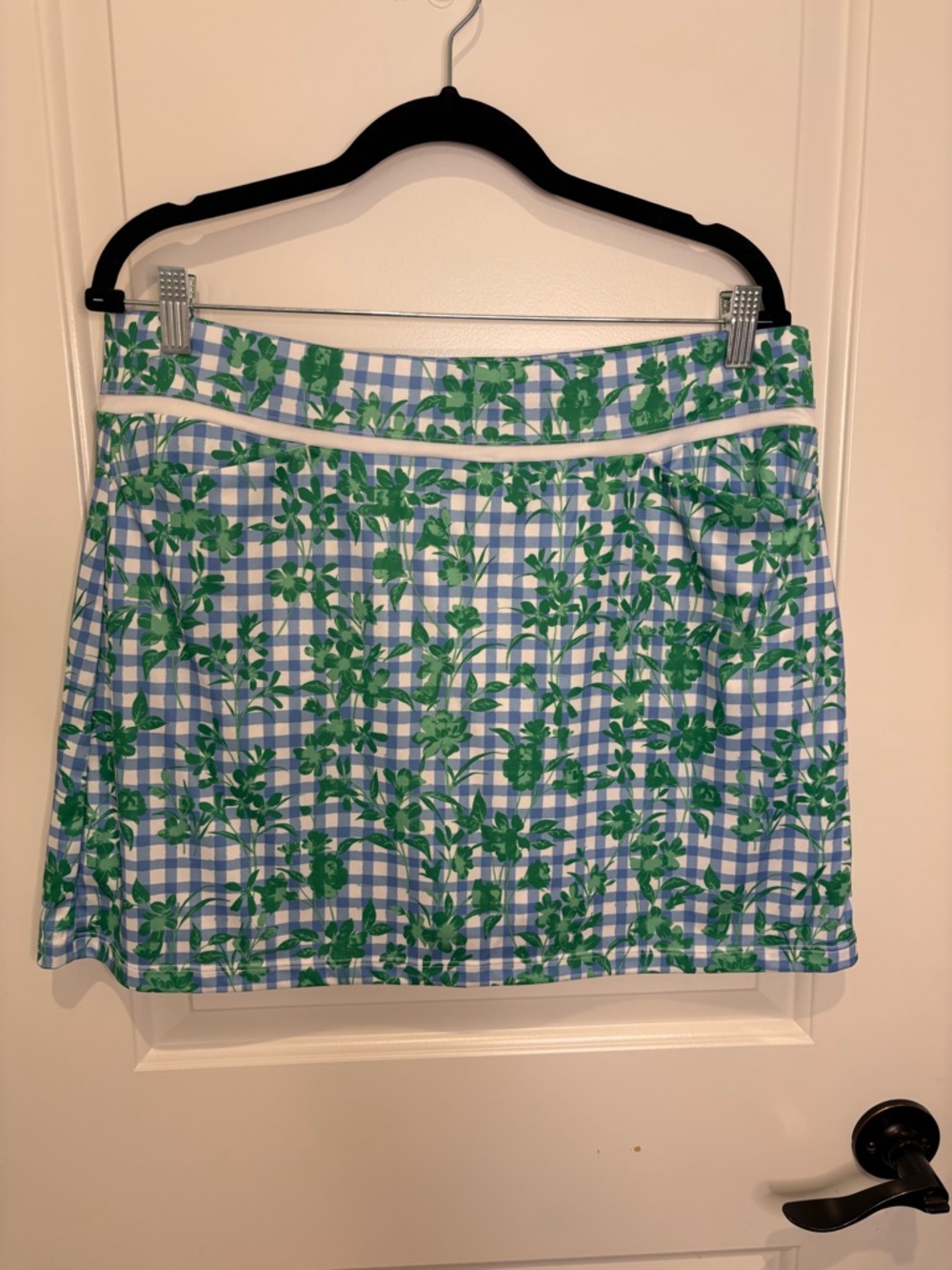 Blue Gingham Skort with Green Floral Overlay